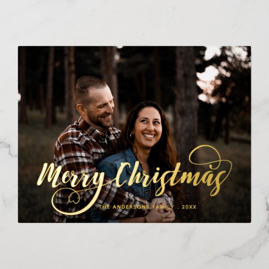 メリーモダンクリスマス家族の写真名タータンチェックホ 箔シーズンポストカード (正面)