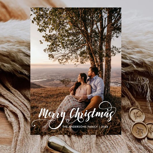 メリーモダンクリスマス家族の写真名タータンチェック シーズンカード