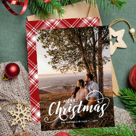 メリーモダンクリスマス家族の写真名タータンチェック シーズンカード