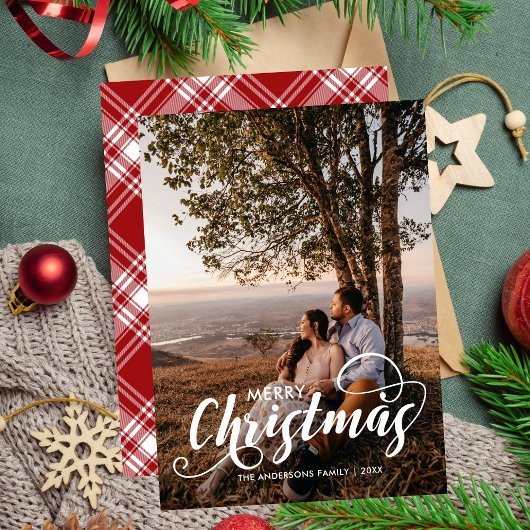 メリーモダンクリスマス家族の写真名タータンチェック シーズンカード