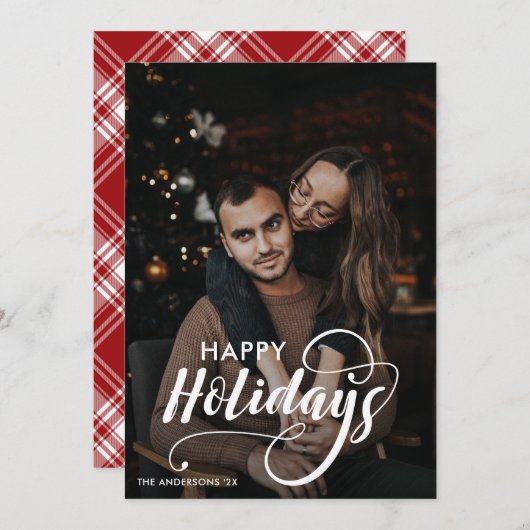 メリーモダンクリスマス家族の写真名タータンチェック シーズンカード (正面/裏面)