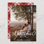 メリーモダンクリスマス家族の写真名タータンチェック シーズンカード (正面/裏面)