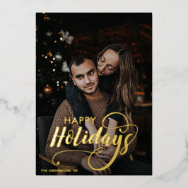 メリーモダンクリスマス家族の写真名タータンチェック 箔シーズンカード