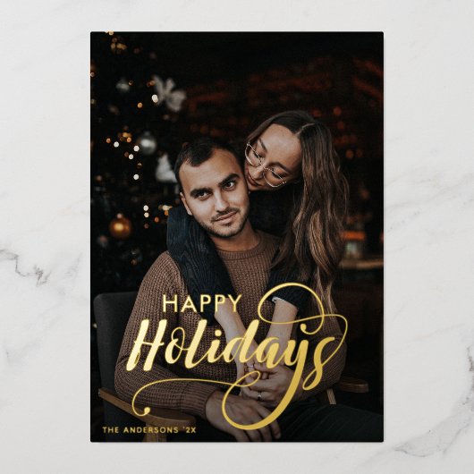 メリーモダンクリスマス家族の写真名タータンチェック 箔シーズンカード (正面)