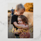 メリーモダンクリスマス家族の写真名タータンチェック 箔シーズンカード (正面)