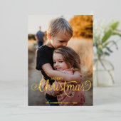 メリーモダンクリスマス家族の写真名タータンチェック 箔シーズンカード (立ち正面)