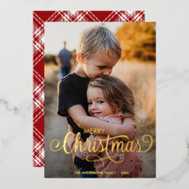 メリーモダンクリスマス家族の写真名タータンチェック 箔シーズンカード
