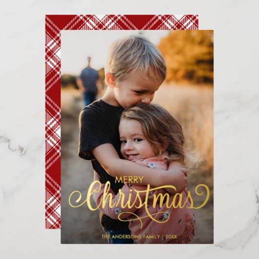 メリーモダンクリスマス家族の写真名タータンチェック 箔シーズンカード (正面/裏面)