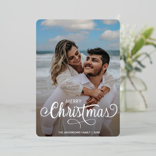 メリーモダンクリスマス家族の写真名タータンチェック 箔シーズンカード (立ち正面)