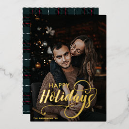 メリーモダンクリスマス家族の写真名タータンチェック 箔シーズンカード