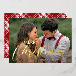 メリーモダンクリスマス家族の写真名タータンチェック 箔シーズンカード