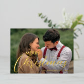 メリーモダンクリスマス家族の写真名タータンチェック 箔シーズンカード (立ち正面)