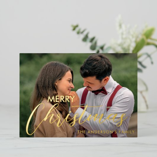 メリーモダンクリスマス家族の写真名タータンチェック 箔シーズンカード (立ち正面)