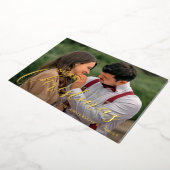 メリーモダンクリスマス家族の写真名タータンチェック 箔シーズンカード (回転した状態)