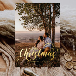 メリーモダンクリスマス家族の写真名タータンチェック 箔シーズンカード