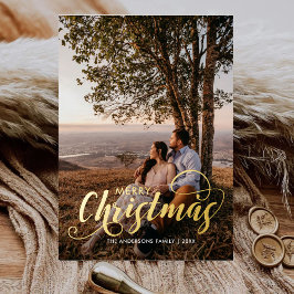 メリーモダンクリスマス家族の写真名タータンチェック 箔シーズンカード