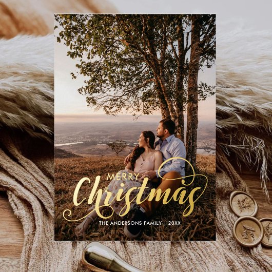 メリーモダンクリスマス家族の写真名タータンチェック 箔シーズンカード