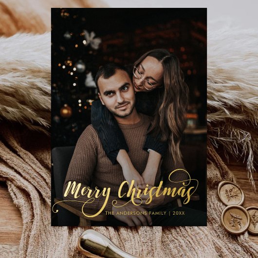 メリーモダンクリスマス家族の写真名タータンチェック 箔シーズンカード