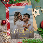 メリーモダンクリスマス家族の写真名タータンチェック 箔シーズンカード