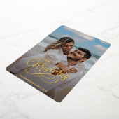 メリーモダンクリスマス家族の写真名タータンチェック 箔シーズンカード (回転した状態)