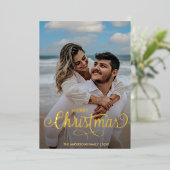 メリーモダンクリスマス家族の写真名タータンチェックF 箔シーズンカード (立ち正面)