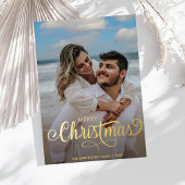 メリーモダンクリスマス家族の写真名タータンチェックF 箔シーズンカード