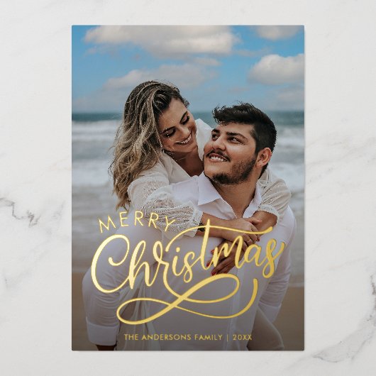 メリーモダンクリスマス家族の写真名金ゴールドホール 箔シーズンカード (正面)