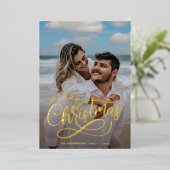 メリーモダンクリスマス家族の写真名金ゴールドホール 箔シーズンカード (立ち正面)