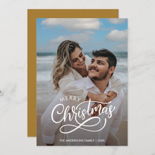 メリーモダンクリスマス家族の写真名金ゴールド シーズンカード (正面/裏面)