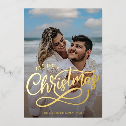 メリーモダンクリスマス家族の写真名金ゴールド 箔シーズンカード (正面)