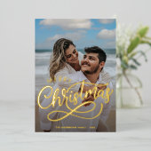 メリーモダンクリスマス家族の写真名金ゴールド 箔シーズンカード (立ち正面)