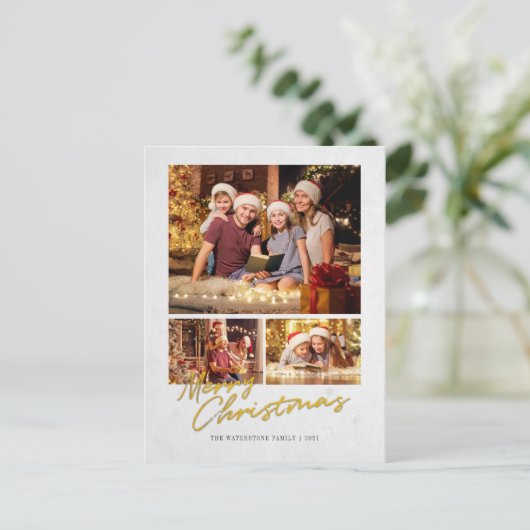 メリーモダンクリスマス家族の金ゴールドフェイク写真 シーズンポストカード (スタンド正面)
