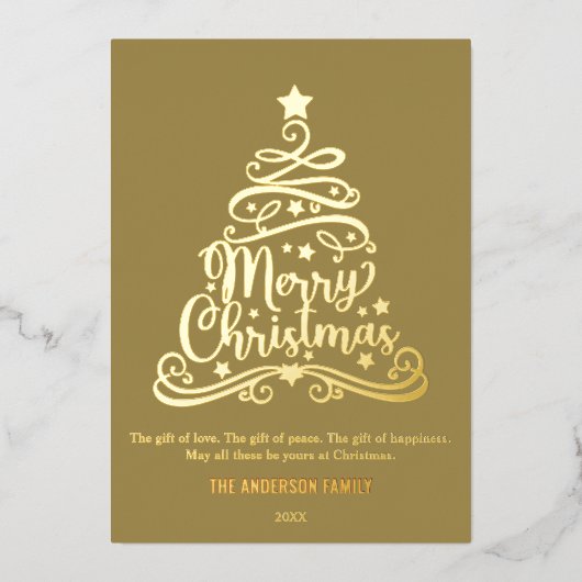 メリーモダンクリスマス家族クリスマスツリー金ゴールド 箔シーズンカード (正面)