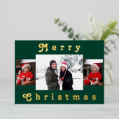 メリーモダンクリスマス家族フォトグリーン&金ゴールド 箔シーズンカード (立ち正面)