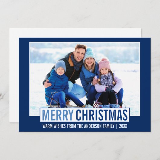 メリーモダンクリスマス家族フォトブルー シーズンカード (正面/裏面)