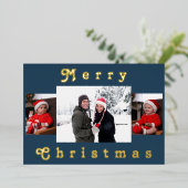 メリーモダンクリスマス家族フォトブルー&金ゴールド 箔シーズンカード (立ち正面)