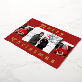 メリーモダンクリスマス家族フォトレッド&金ゴールド 箔シーズンカード (回転した状態)