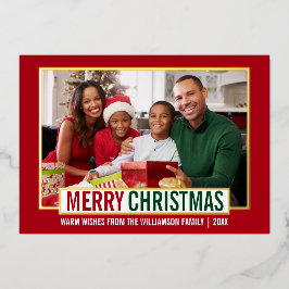 メリーモダンクリスマス家族写真赤金ゴールド 箔シーズンカード