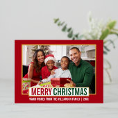 メリーモダンクリスマス家族写真赤金ゴールド 箔シーズンカード (立ち正面)