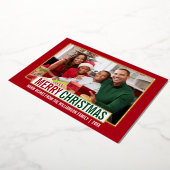 メリーモダンクリスマス家族写真赤金ゴールド 箔シーズンカード (回転した状態)