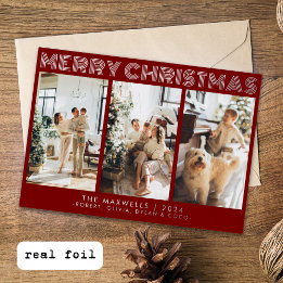 メリーモダンクリスマス赤い写真 箔シーズンカード