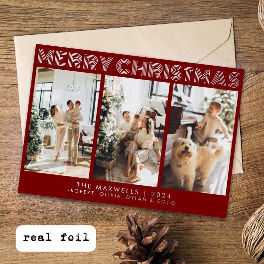 メリーモダンクリスマス赤い写真 箔シーズンカード