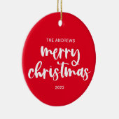 メリーモダンクリスマス赤い白のスクリプトバック写真 セラミックオーナメント (右)