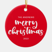 メリーモダンクリスマス赤い白のスクリプトバック写真 セラミックオーナメント (正面)