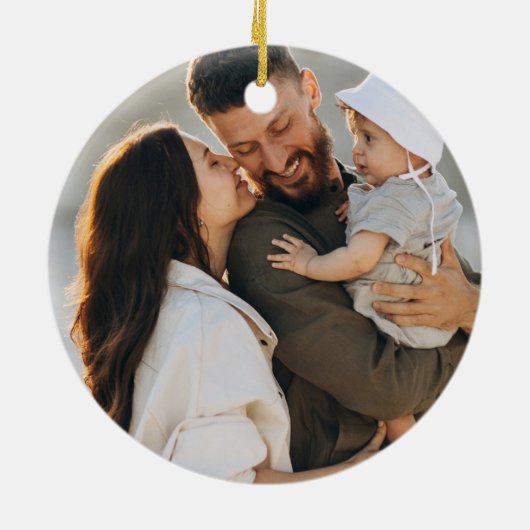 メリーモダンクリスマス赤い白のスクリプトバック写真 セラミックオーナメント (裏面)