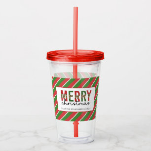 メリーモダンクリスマス赤い緑のストライプパターン アクリルタンブラー