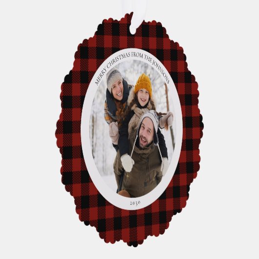メリーモダンクリスマス赤バッファローのチェックフォト オーナメントカード (右)
