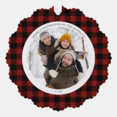 メリーモダンクリスマス赤バッファローのチェックフォト オーナメントカード (正面)