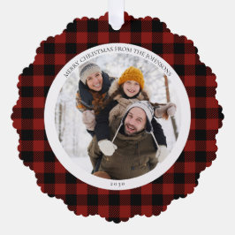 メリーモダンクリスマス赤バッファローのチェックフォト オーナメントカード