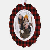 メリーモダンクリスマス赤バッファローのチェックフォト オーナメントカード (左)